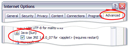 Tools -> Internet Options -> Advanced -> Use JRE.. for <applet>